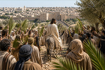 Jesus approaching the city from the Mount of Olives.